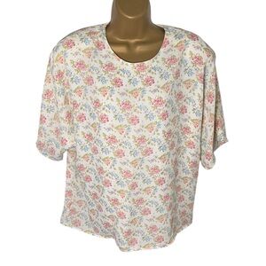 Vintage 80s Chaus Boxy Floral Blouse Keyhole Back Garden Print Cream Multi 14